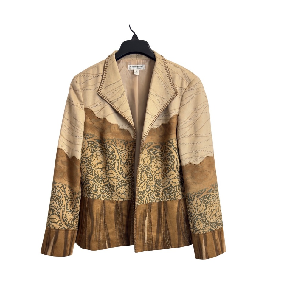 Coldwater Creek Womens Faux Suede Mixed Media Western Blazer Brown Tan Floral 14